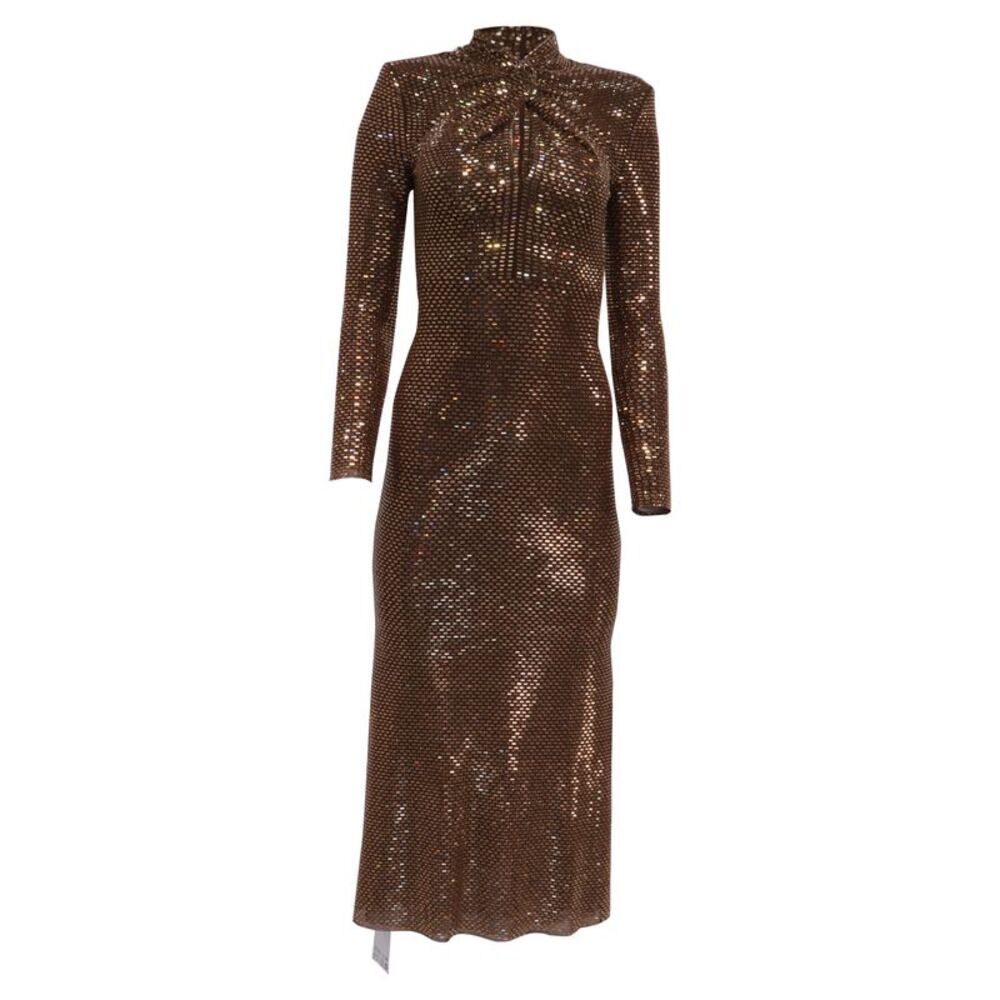 Self-Portrait Rhinestone-Embellished Midi Dress in Brown Polyester